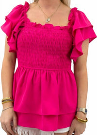BiBi Layered Ruffle Sleeve Smocked Top in fuchsia - women's blouse - detail view
