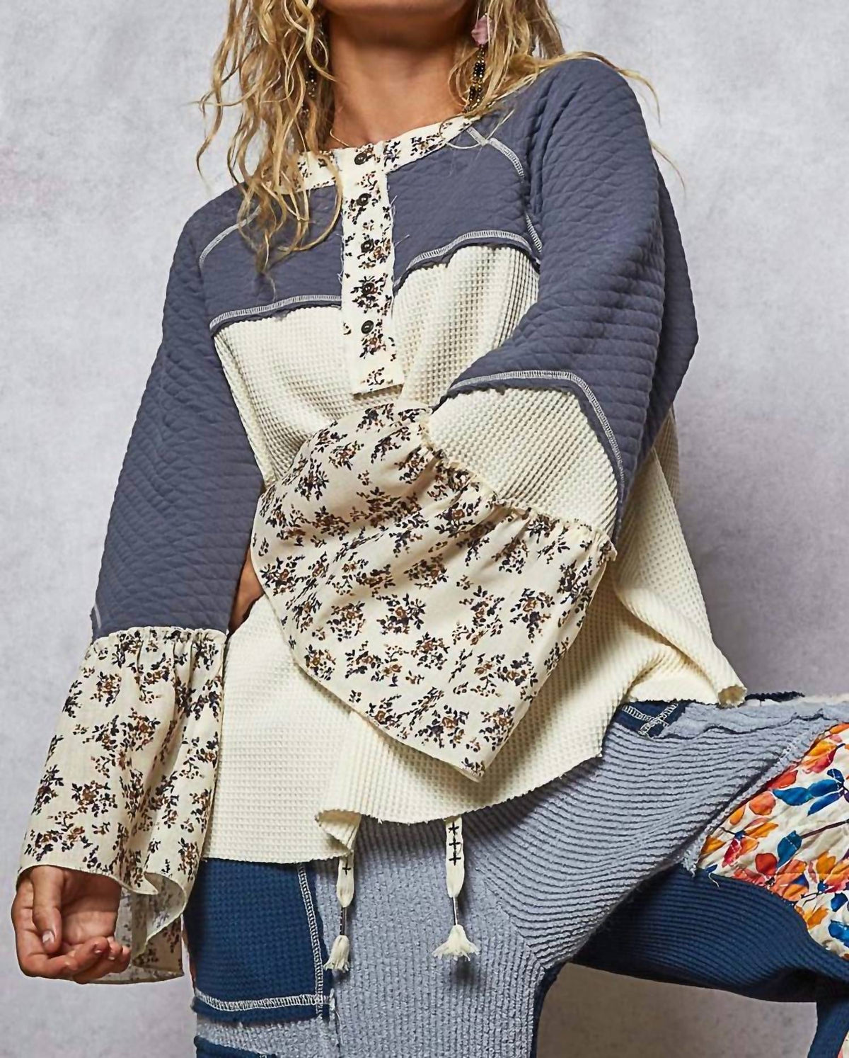 Pol - Patchwork Ruffle Sleeve Top