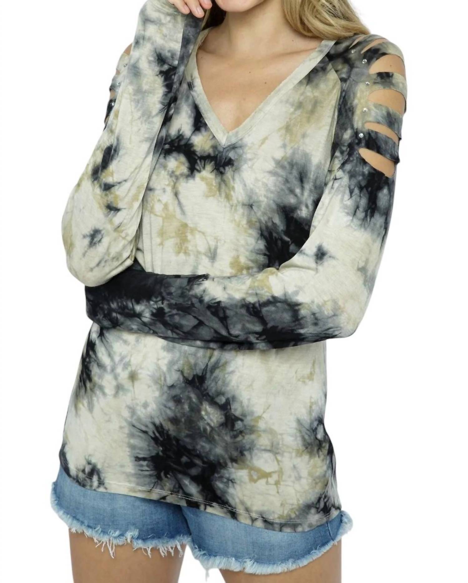 Vocal Apparel - Tie Dye Stud Sliced Long Sleeve Top