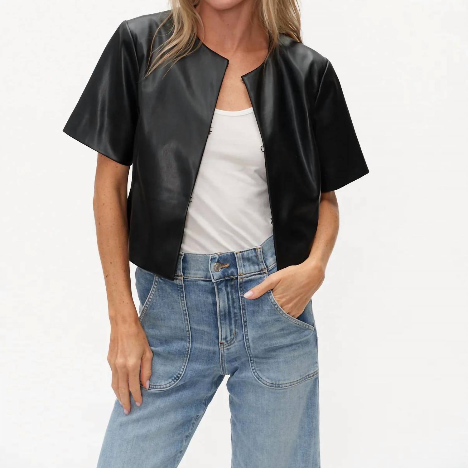 Six/Fifty - Faux Leather Round Neck Jacket