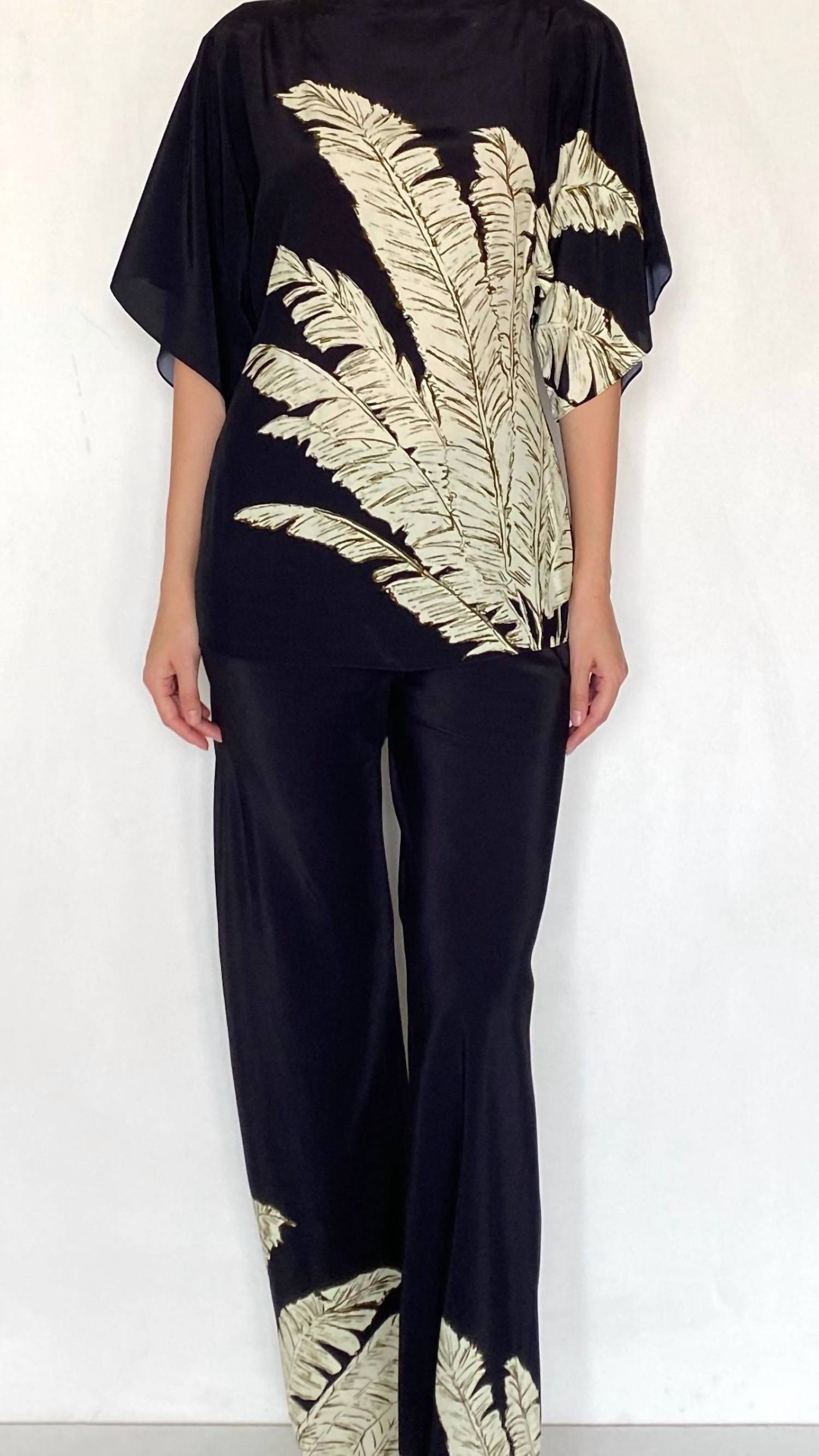HEMANT & NANDITA Women's Palm Boat Neck Blouse in black - women's blouse - detail view