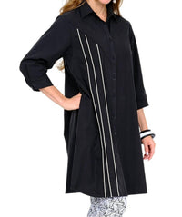 LIOR Solid Button Front Mini Tunic Dress With Piping in black - women's dress