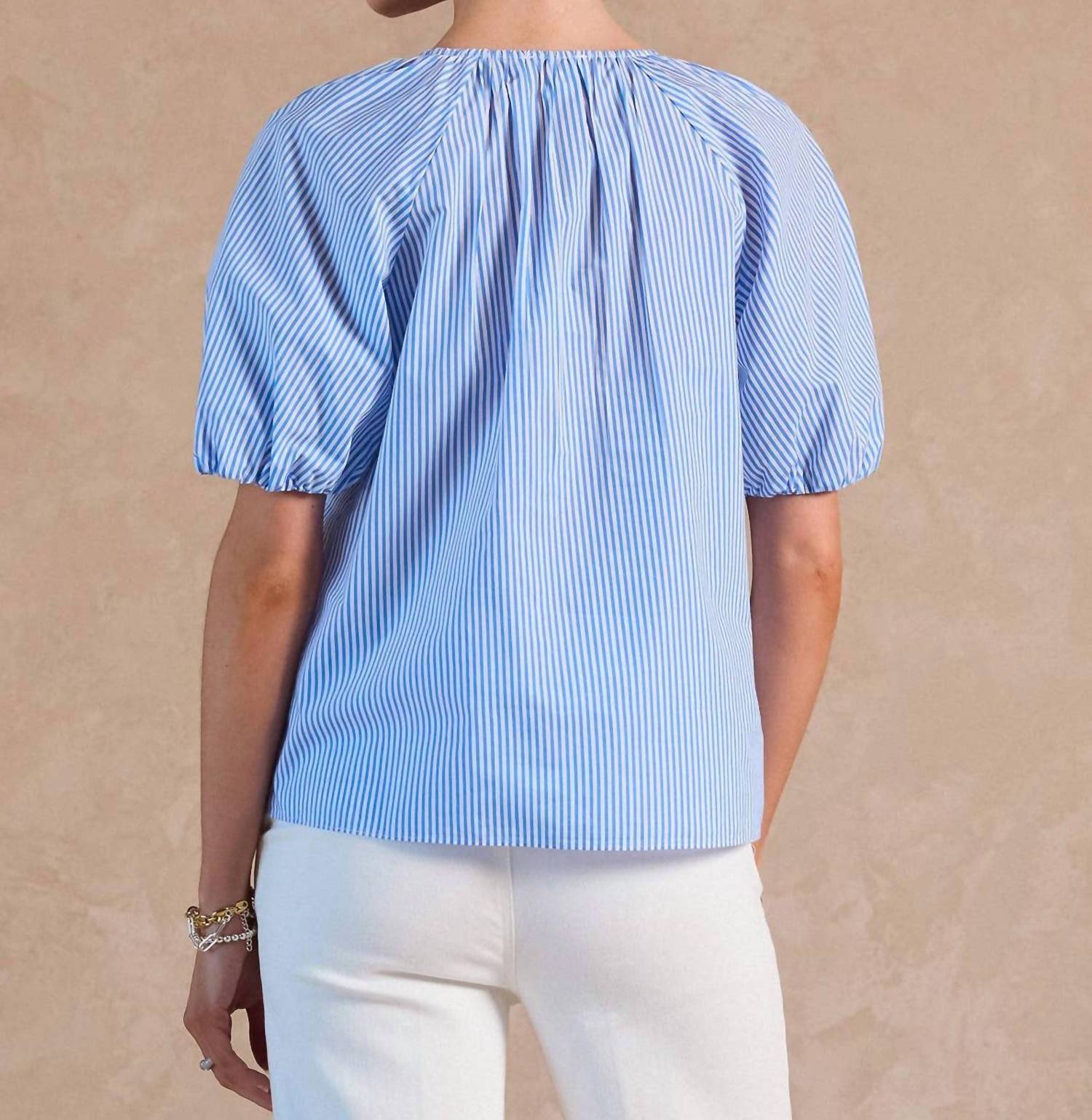Current Air - Striped Embroidered Short Sleeve Blouse