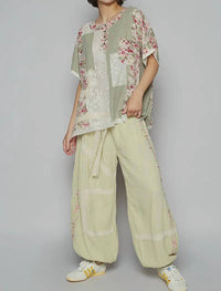 Pol - Sheer Strip Floral Patch Oversize Top