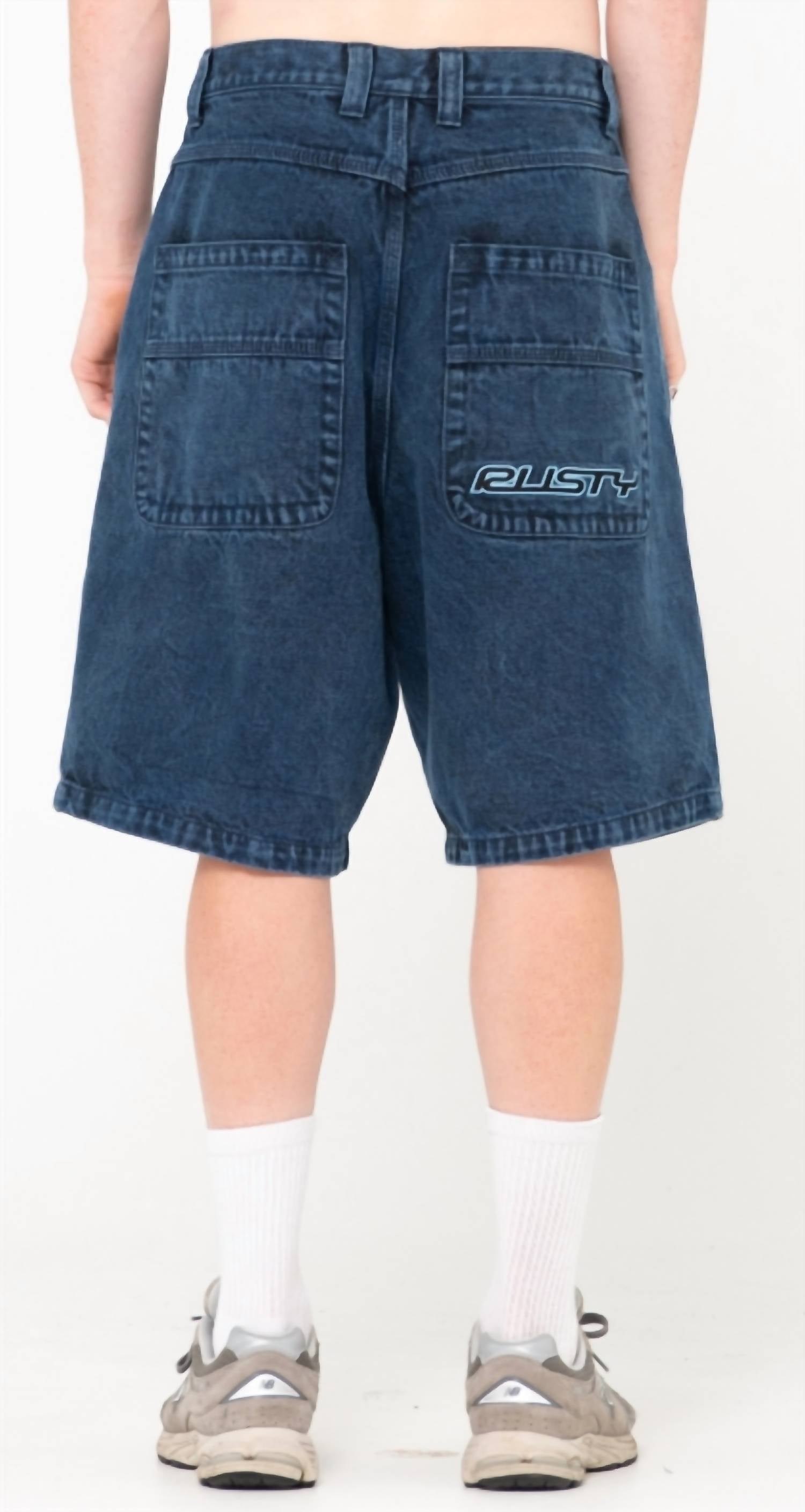 Rusty Flip Daddy Tapeless Jort in overdyed blue - men's shorts - detail view