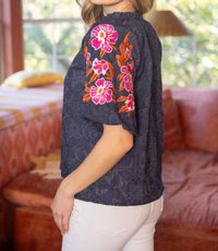 Voy - Embroidered Raglan Sleeve Floral Textured Top