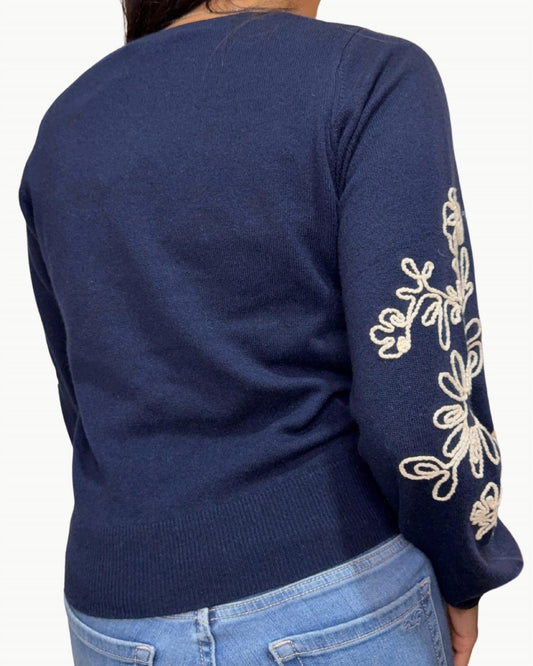 Autumn Cashmere - Puff Sleeve V Sweater With Contrast Embroidery