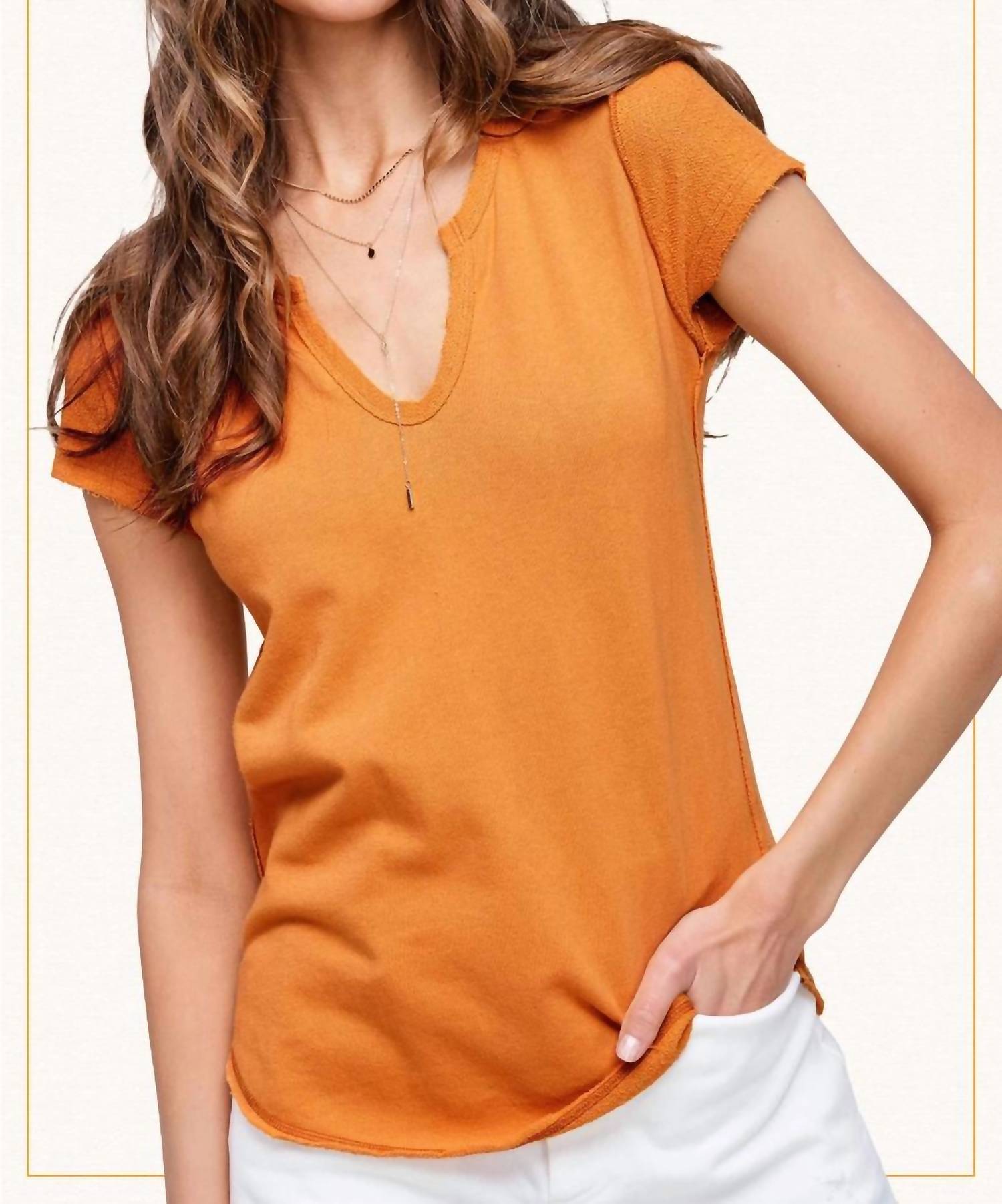 La Miel - Textured Soft Terry Fabric Raw Edge Short Sleeve Top