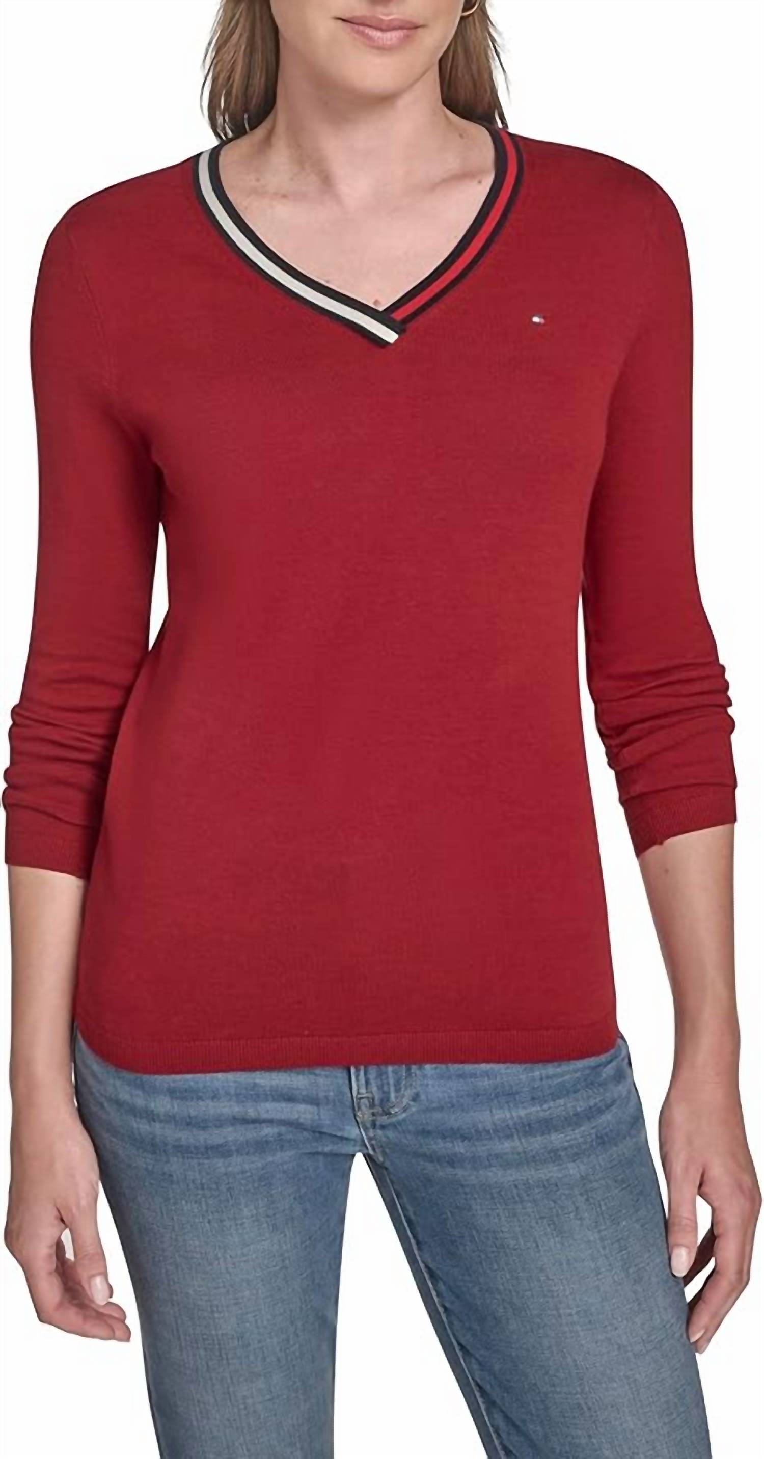 Tommy Hilfiger V-neck Long Sleeve Sweater With Striped Neckline in maroon - women's sweater