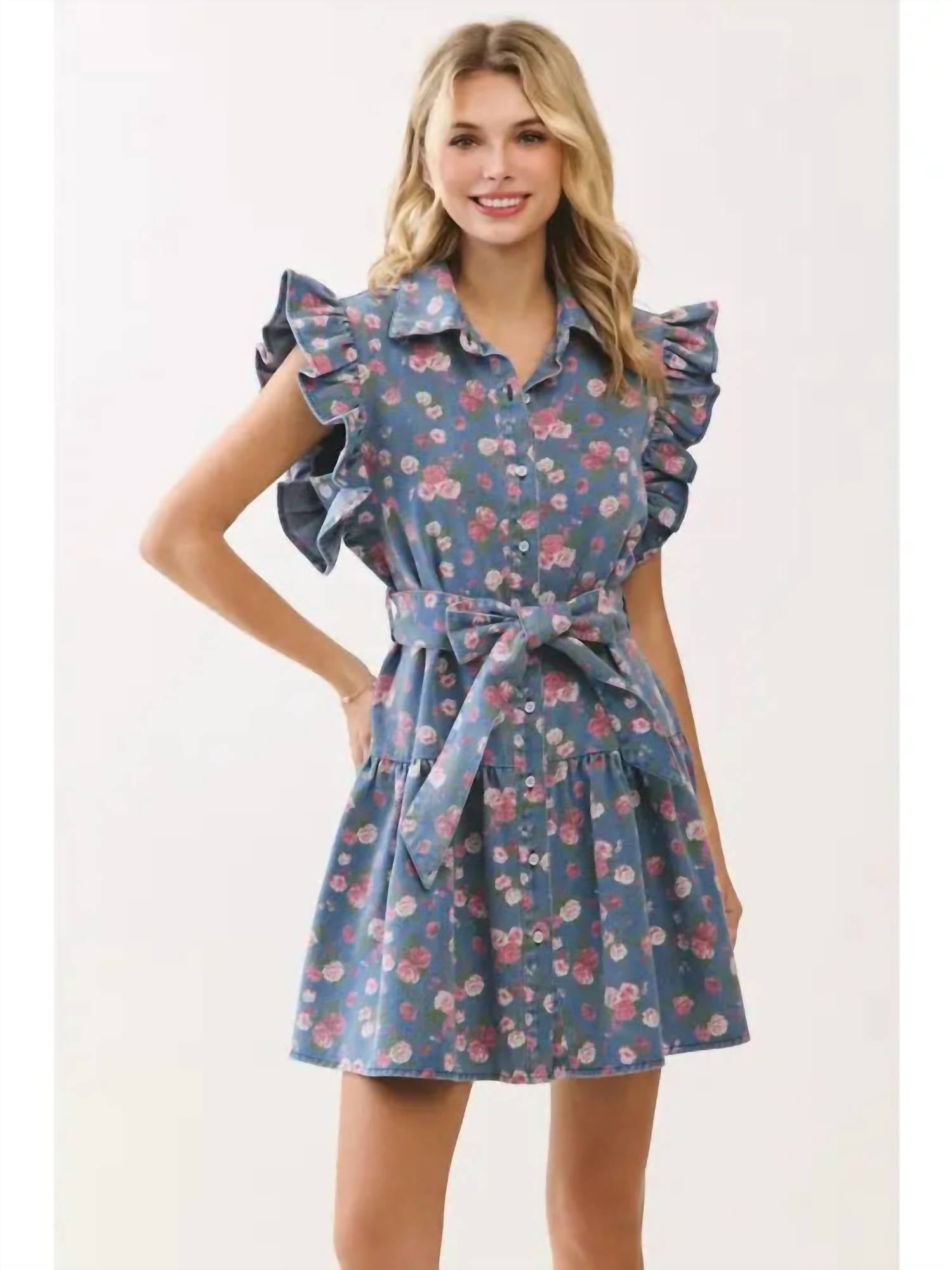 Geegee X Lovelo - Floral Denim Ruffle Dress