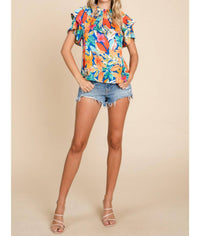 Jodifl - Tropical Floral Print Ruffled Sleeve Top
