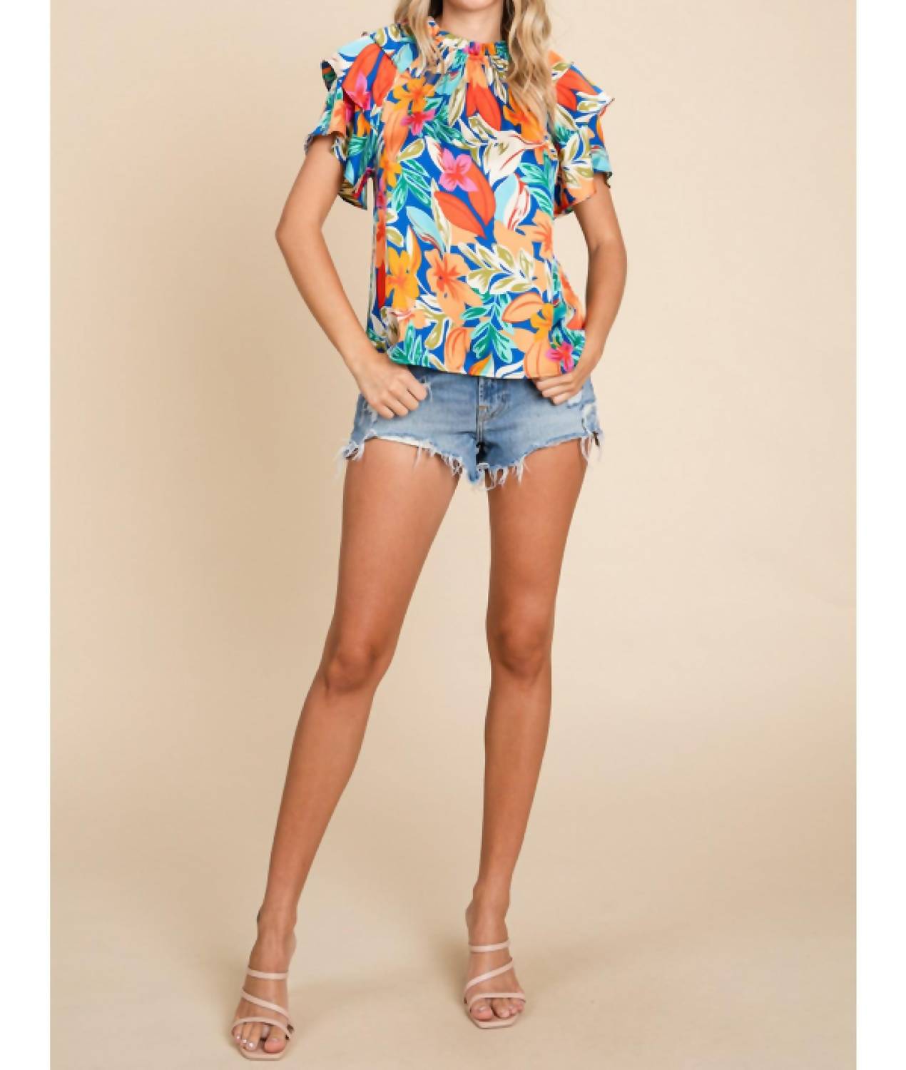 Jodifl - Tropical Floral Print Ruffled Sleeve Top