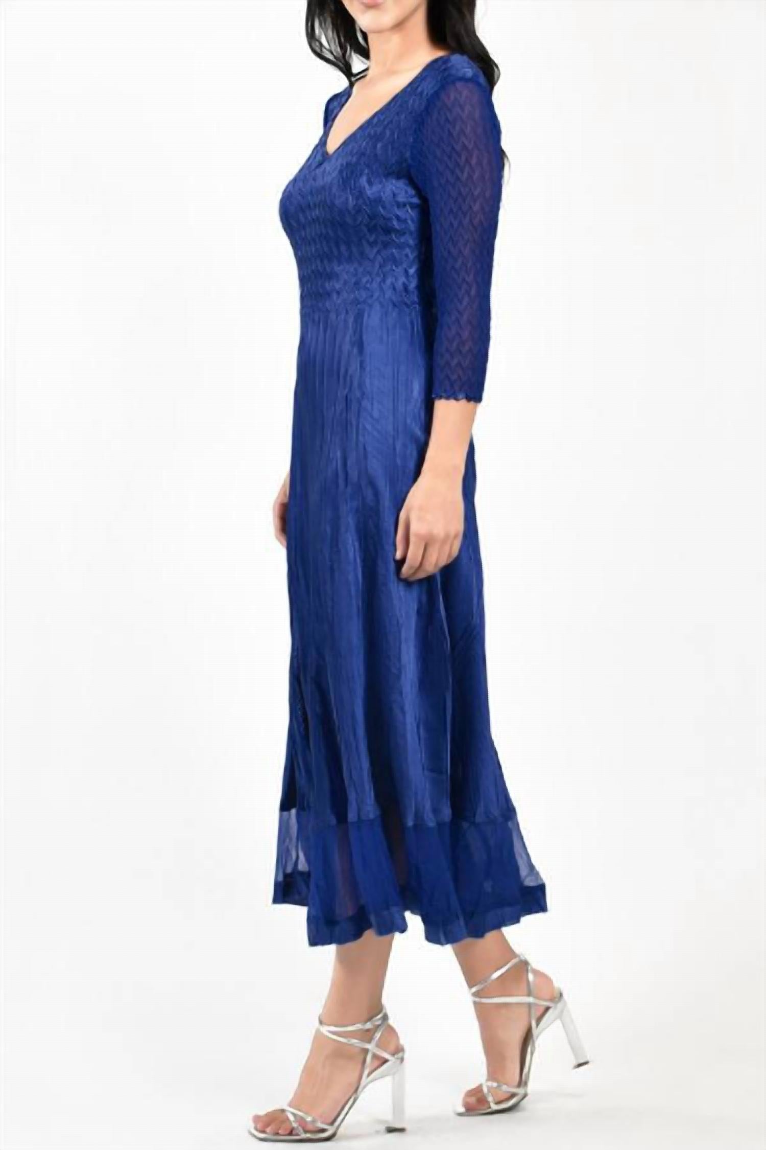 Komarov - 3/4 SLEEVE SOLID BLUE PLEAT DRESS w/ Lace SLEEVES