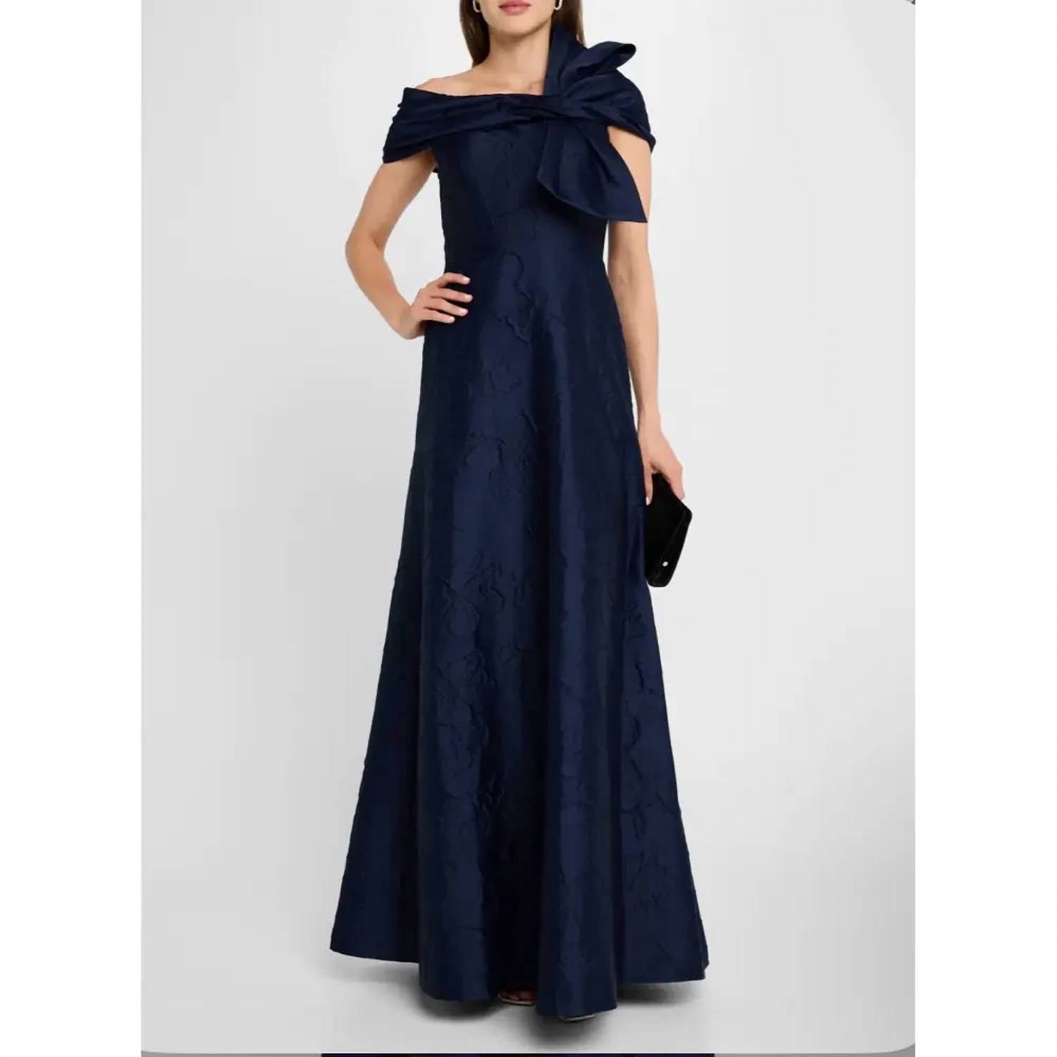 Rene Ruiz Collection - Off-shoulder Floral Embossed Bow Gown Dress