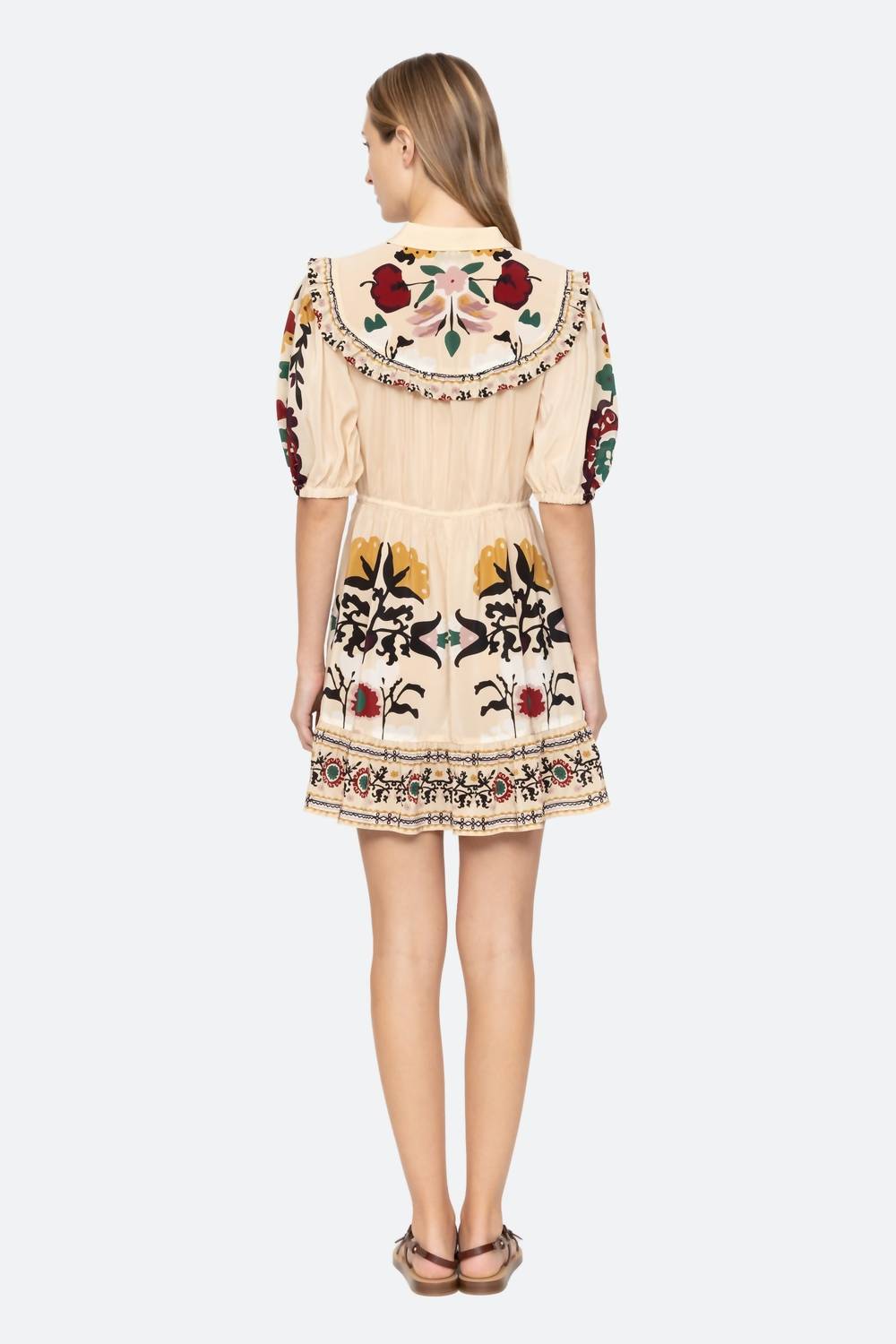 SEA Cassia Print Short Sleeve Dress in cream - women's dress - detail view