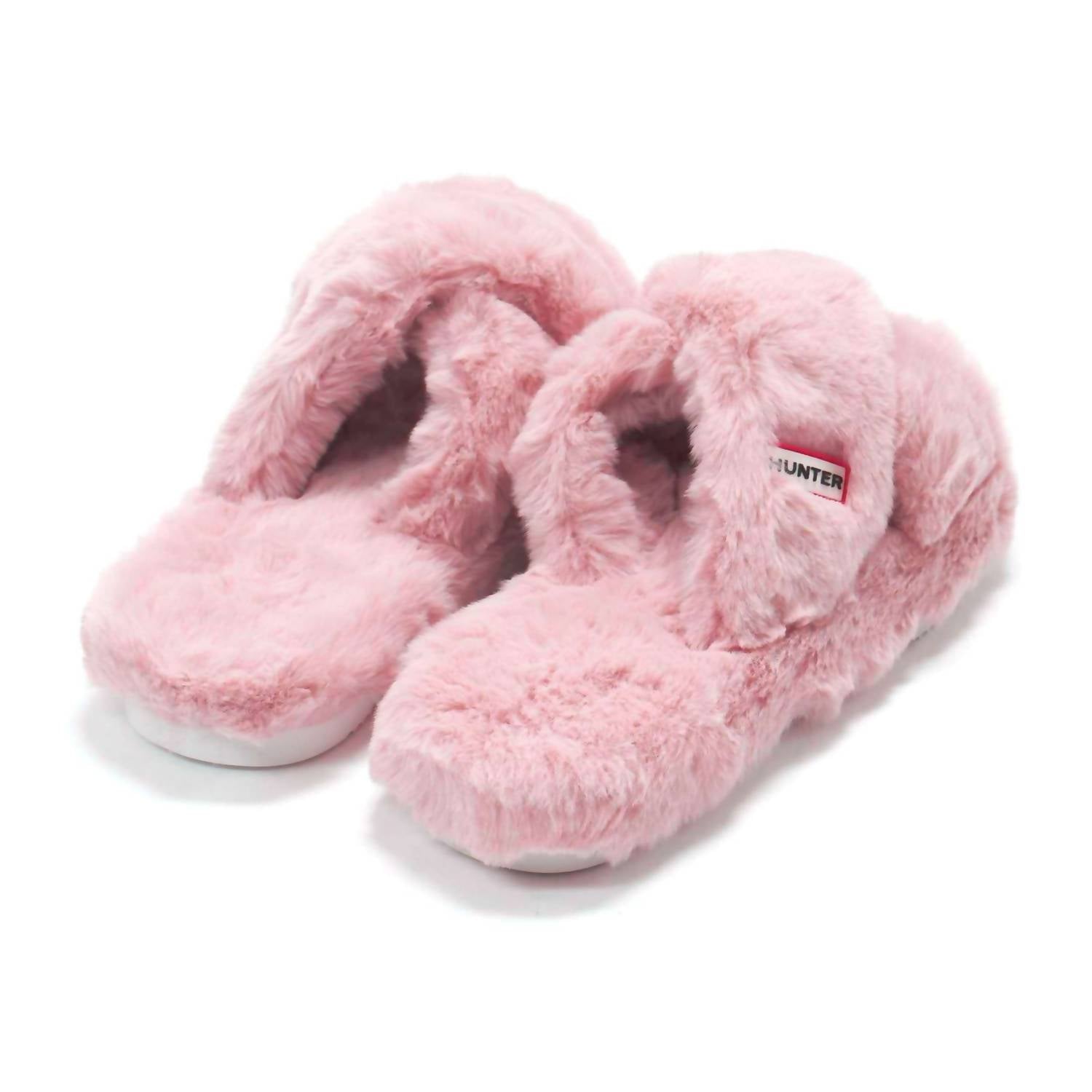 HUNTER Women's Faux Fur Flatform Crossover Slides in azalea pink - women's shoe - detail view
