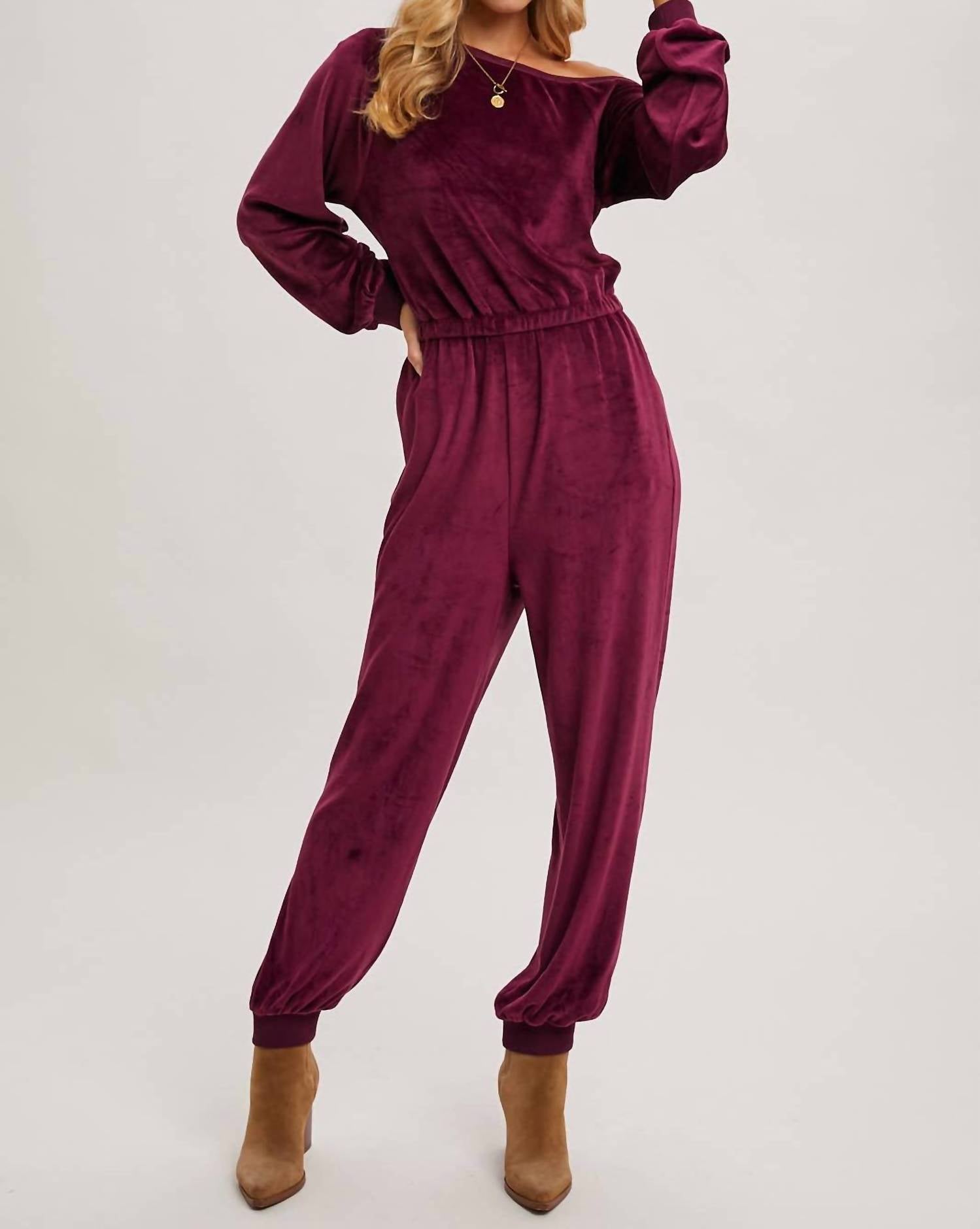 Bluivy - Velvet One Shoulder Boat Neck Jumpsuit