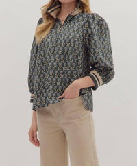 entro Floral Puff Sleeve Zip Top in midnight - women's blouse - detail view