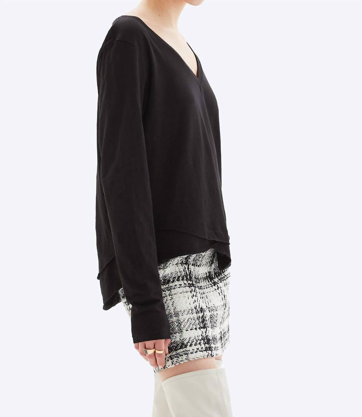 CHRLDR Ava V-neck Long Sleeve Mock Layer T-shirt in black - women's long sleeve top - detail view