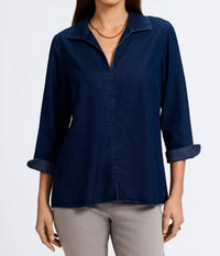 Foxcroft Agnes Tencel Denim 3/4 Sleeve Popover Shirt in dark wash navy denim - women's blouse