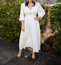 Entro - Solid V-Neck Long Sleeve Maxi Dress