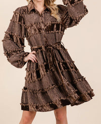 GEEGEE Velvet Grid Pom-Pom Dress in brown - women's dress