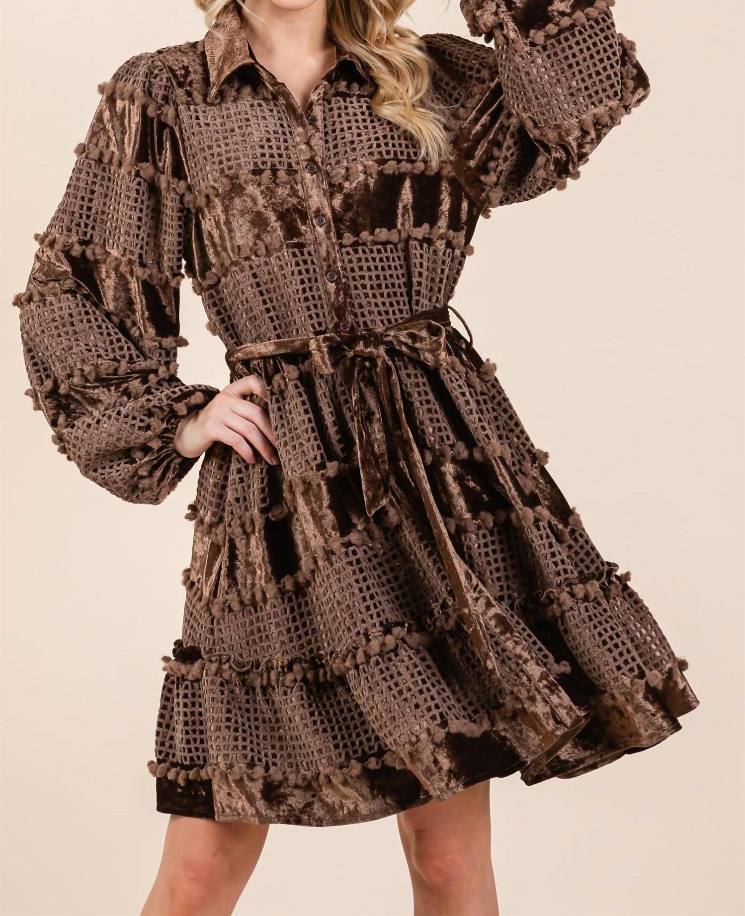 GEEGEE Velvet Grid Pom-Pom Dress in brown - women's dress