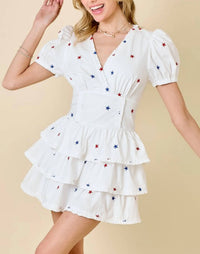 Day + Moon - Star Embroidered Ruffle Romper Dress