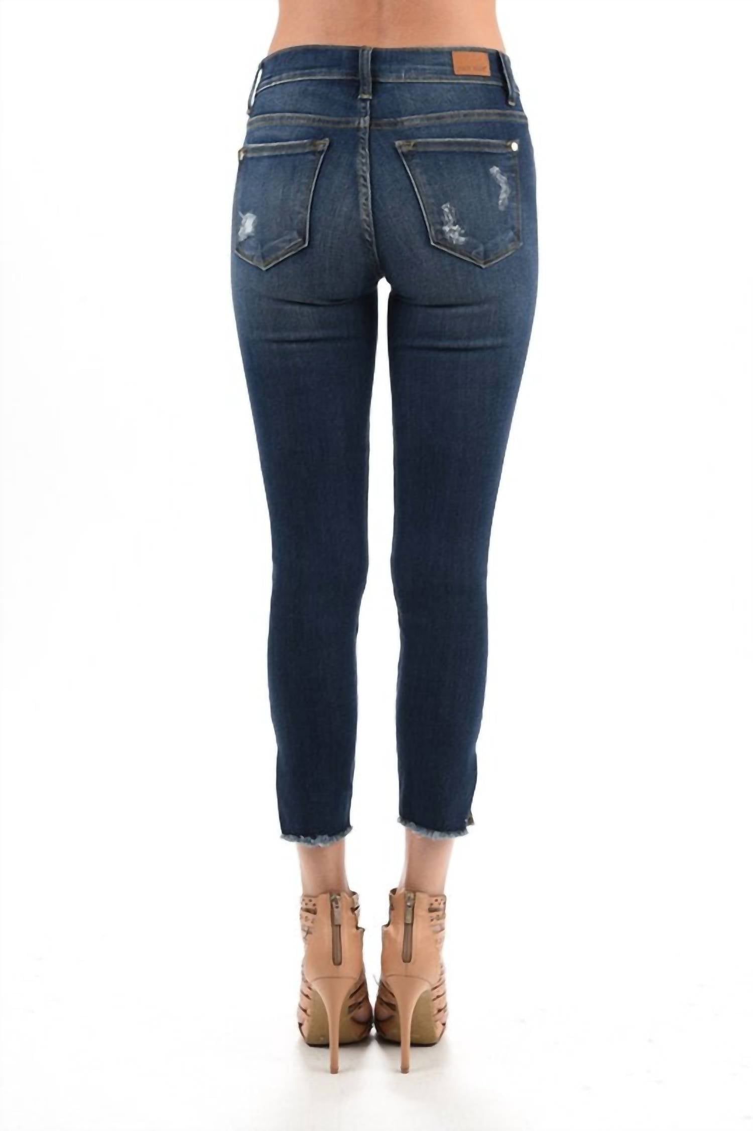 Judy Blue Bootyfull Distressed Side Slit Skinny Jeans - Plus in dark blue - women's jeans - detail view