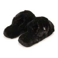 HUNTER Women's Faux Fur Flatform Crossover Slides in black - women's shoe - detail view