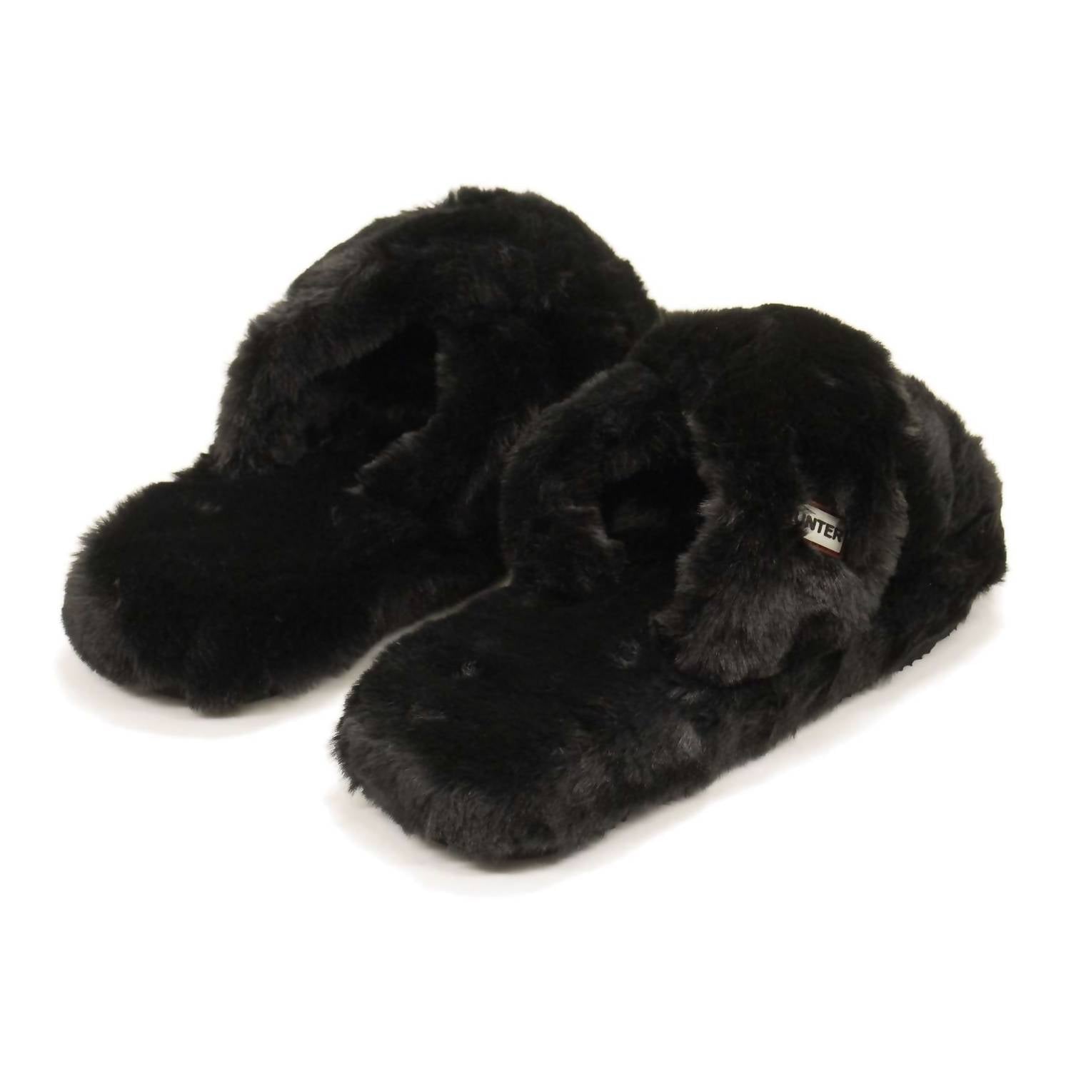 HUNTER Women's Faux Fur Flatform Crossover Slides in black - women's shoe - detail view