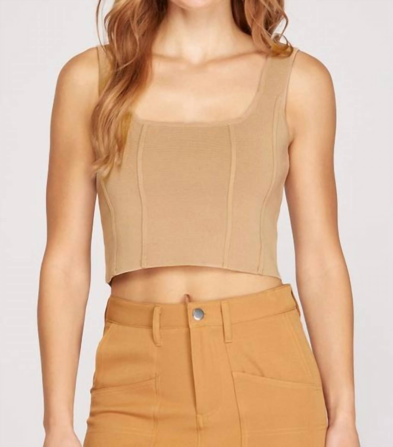 She + Sky - Sleeveless Square Neck Stretch Knit Crop Top