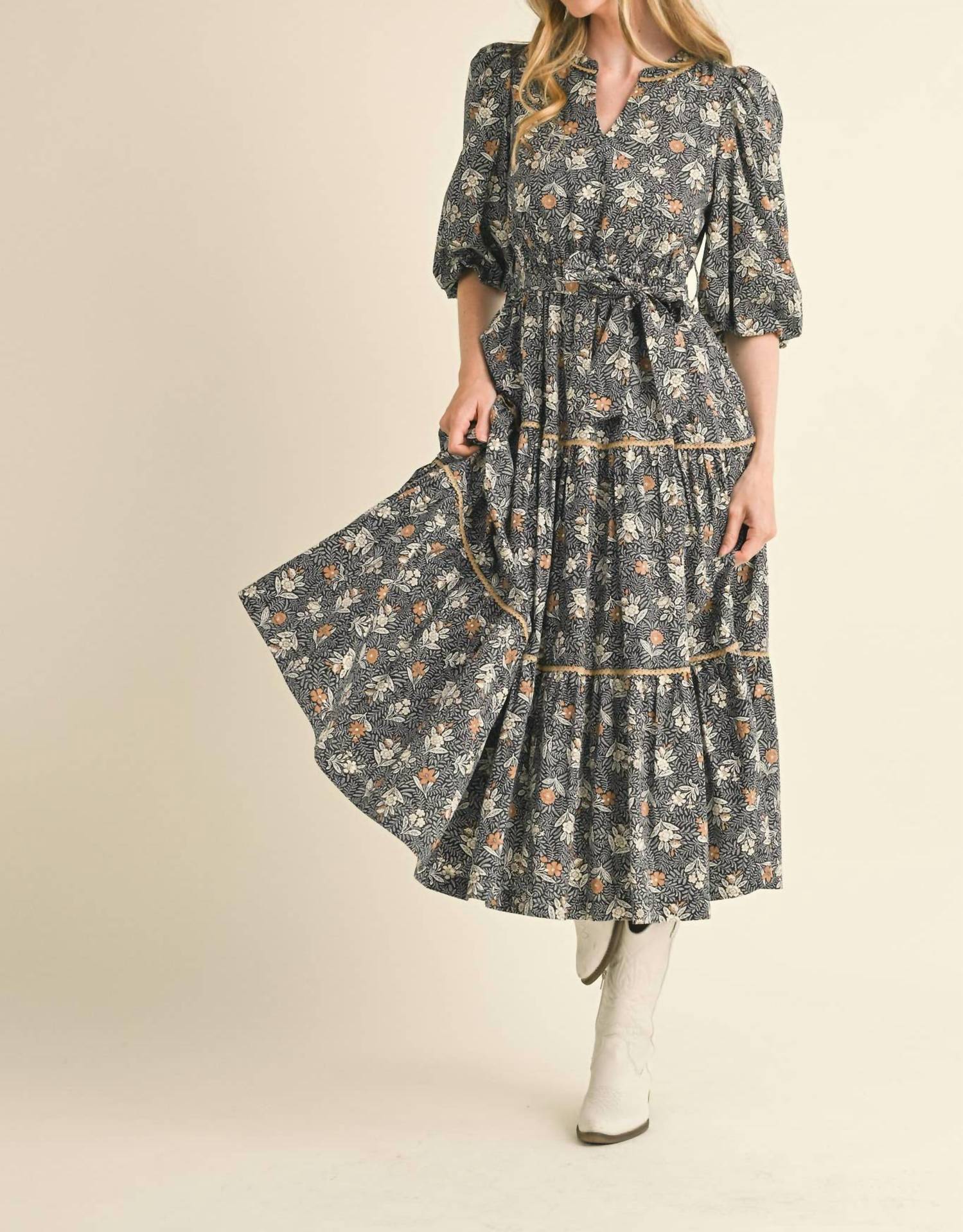 &Merci - Bubble Sleeve Lace Trim Midi Dress
