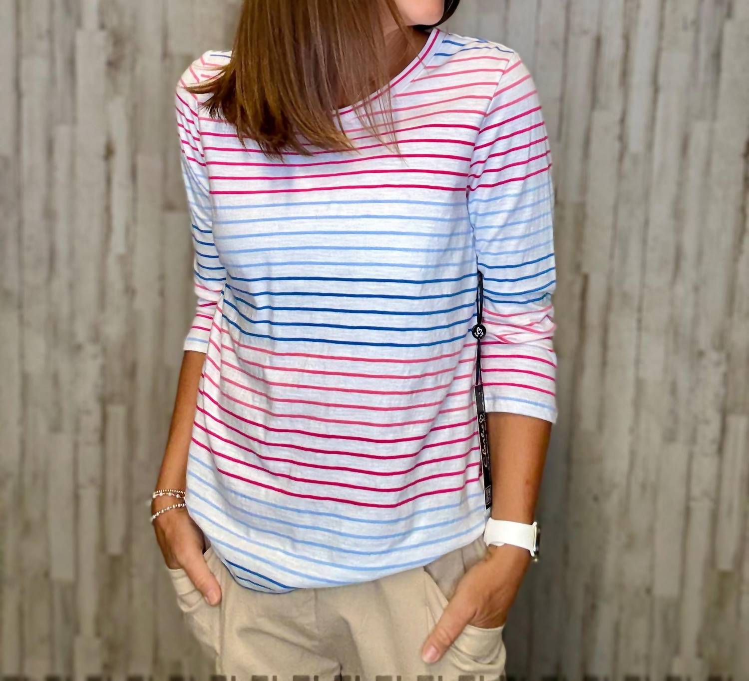 CHARLIE B Stripes Are For Me Knit Top in multi - women's long sleeve top - detail view