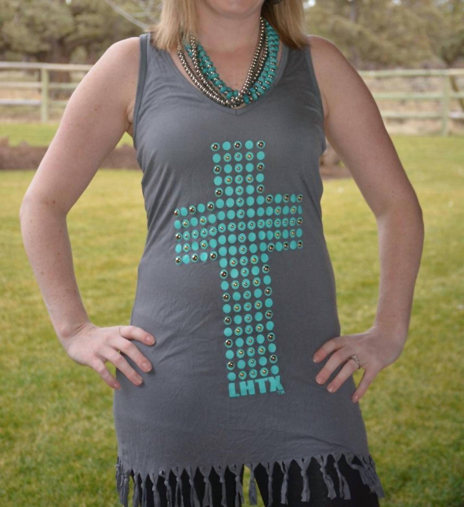 LHTX Cross & Fringe Dress in grey multi - women's dress