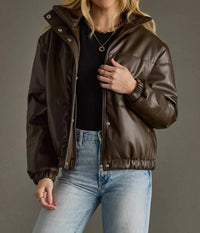 Panache - Faux Leather Cropped Puffer Jacket