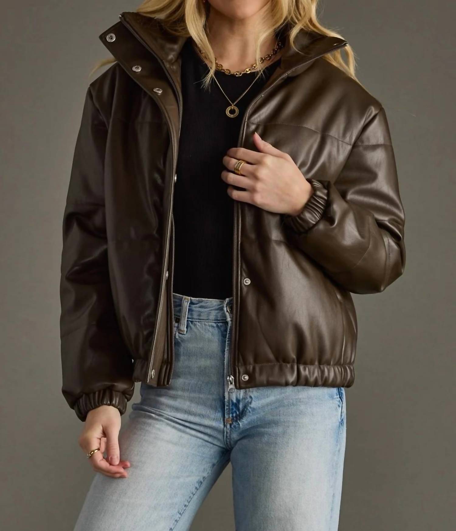 Panache - Faux Leather Cropped Puffer Jacket