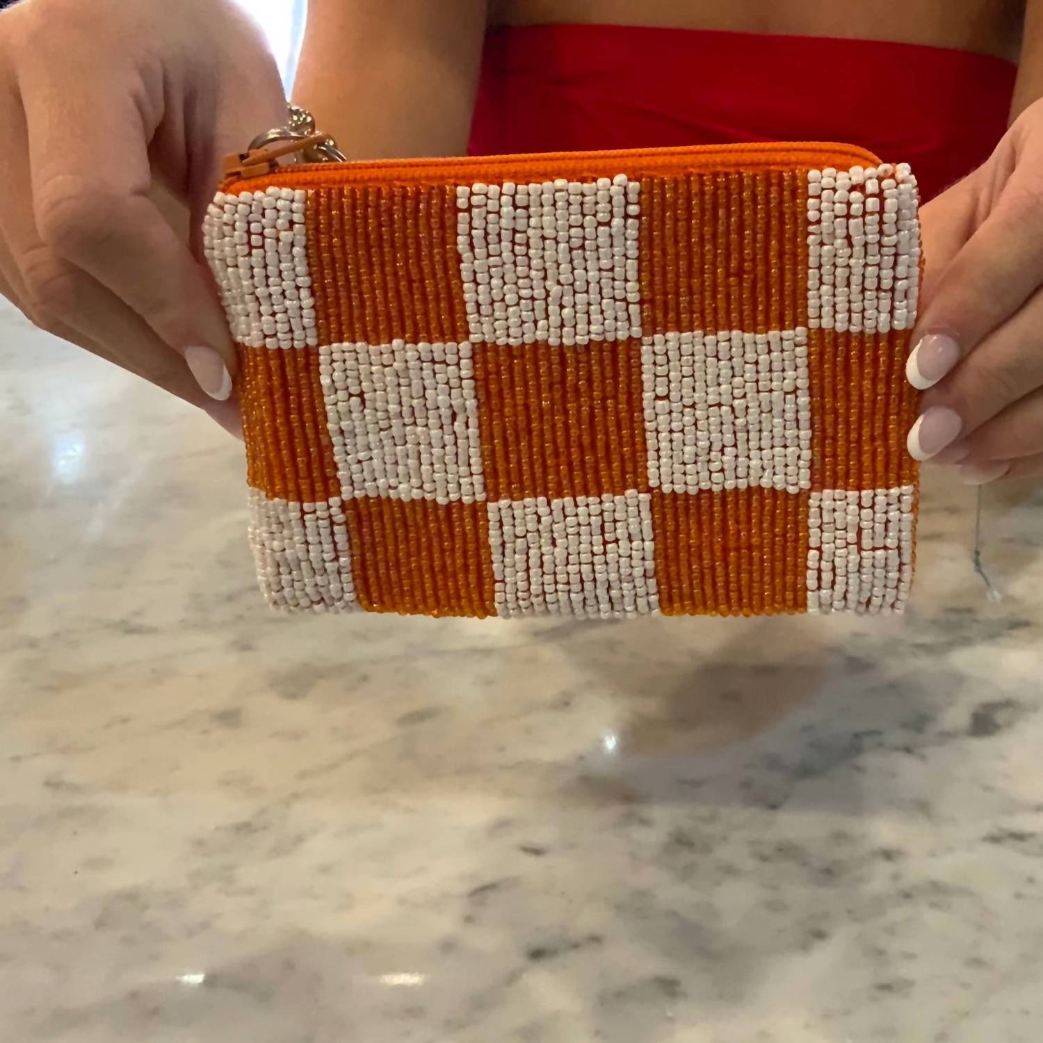 Tiana - Ut Checker Board Beaded Small Coin Purse