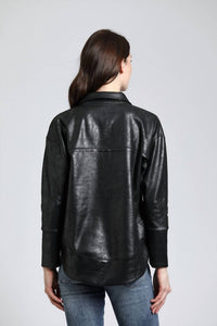 APNY Vegan Leather Henley Top With Grommet Details in black - women's blouse - alternate view