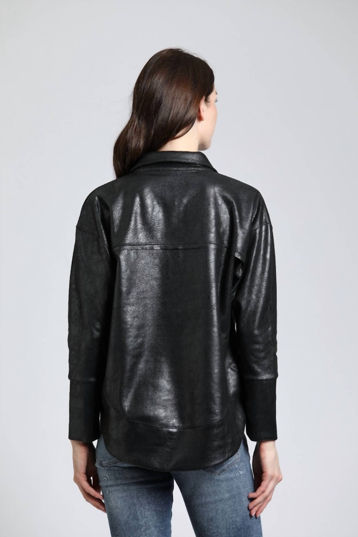 APNY Vegan Leather Henley Top With Grommet Details in black - women's blouse - alternate view