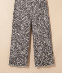 66Disco - Women's Leopard Frayed Edge Wide Leg High Waist Jeans