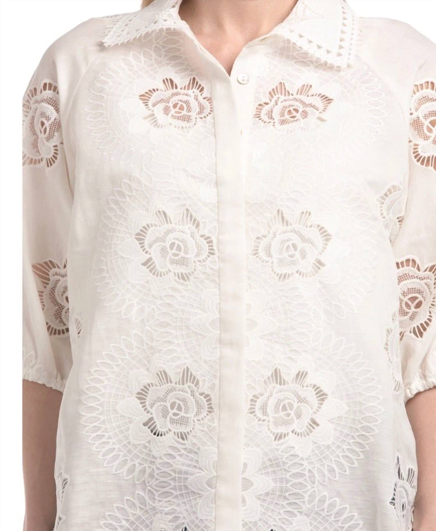 Elie Tahari - FRONT BUTTON FLORAL EMBROIDERED BLOUSE