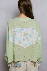 POL Floral Strip Stitch Knit Top in lime - women's blouse - alternate view