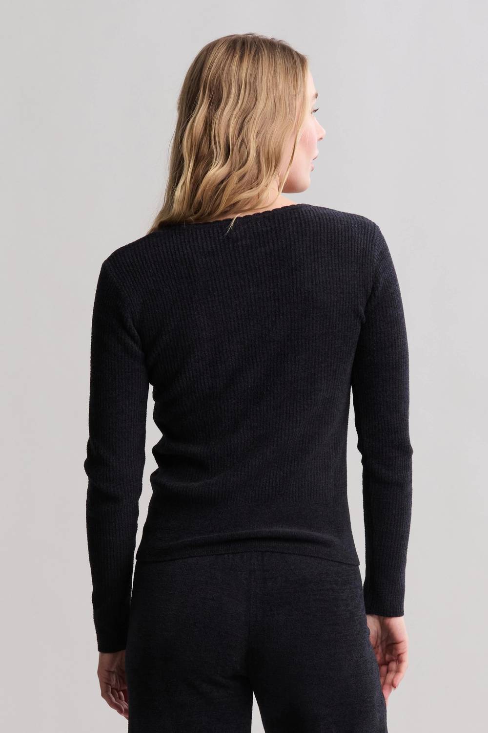 BAREFOOT DREAMS Ribbed Scallop Scoop Neck Top in black - women's long sleeve top - alternate view