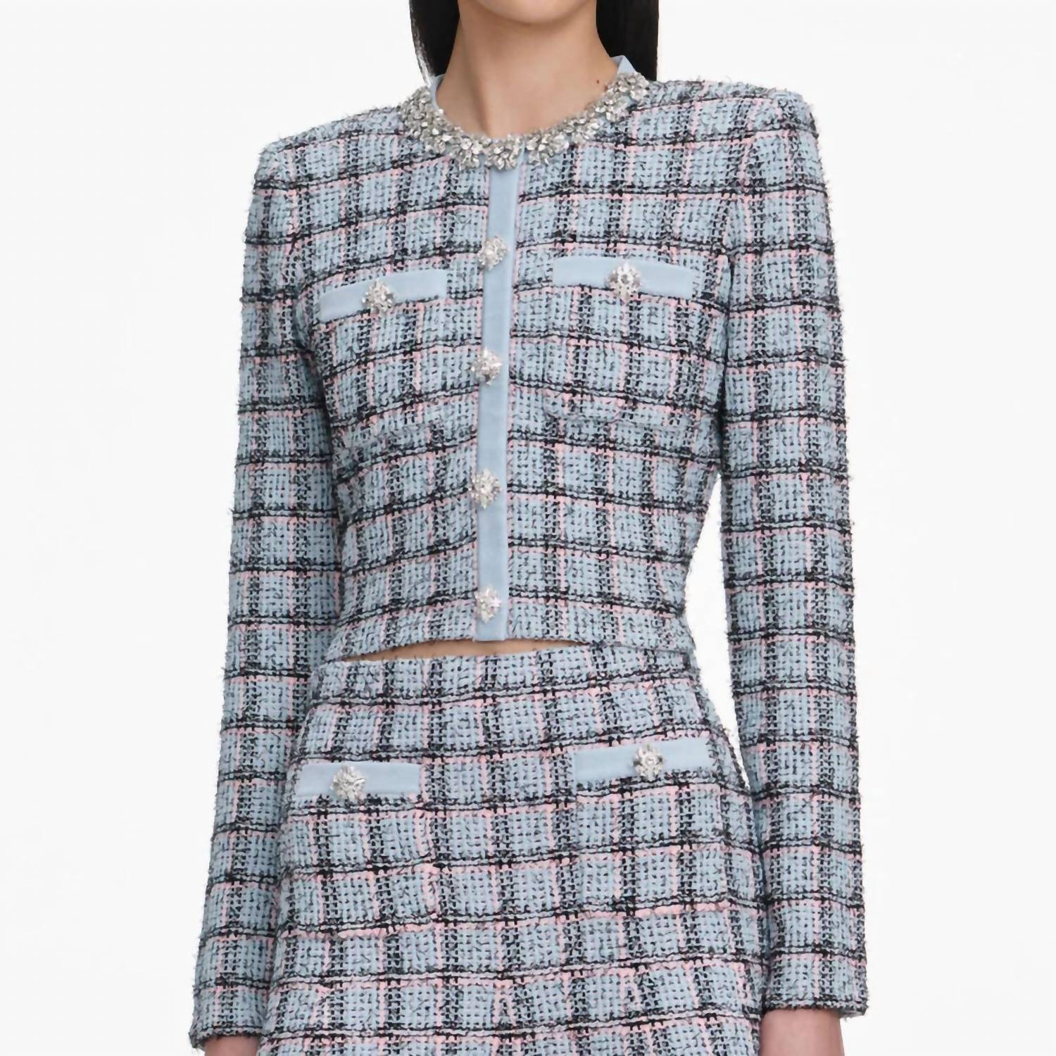 self-portrait Check Knit Cardigan in blue 1 - women's cardigan - detail view