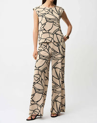 Joseph Ribkoff Recycled Woven Abstract Print Boxy Top in beige black - women's blouse - detail view