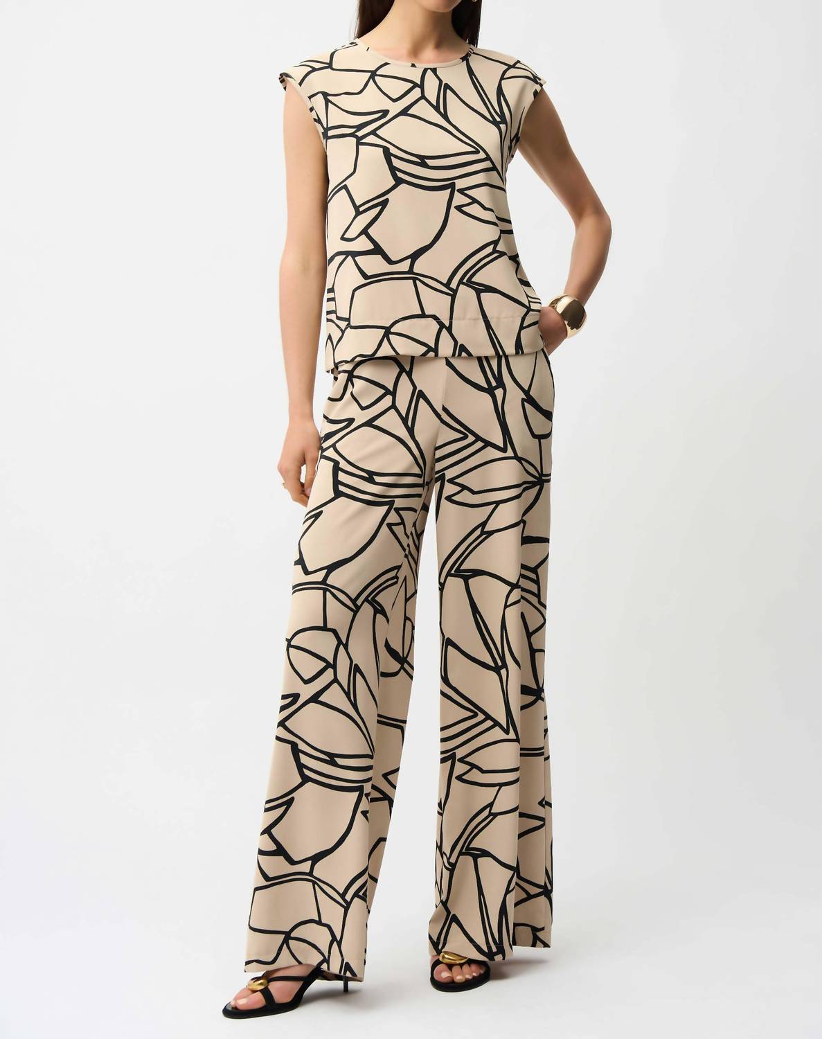 Joseph Ribkoff Recycled Woven Abstract Print Boxy Top in beige black - women's blouse - detail view