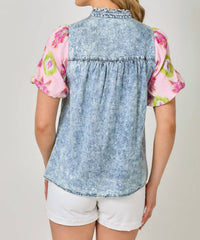 Mystree - Washed Mixed Media Peasant Blouse