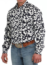 CINCH Men's Hibiscus Shirt in navy white - men's shirt - detail view