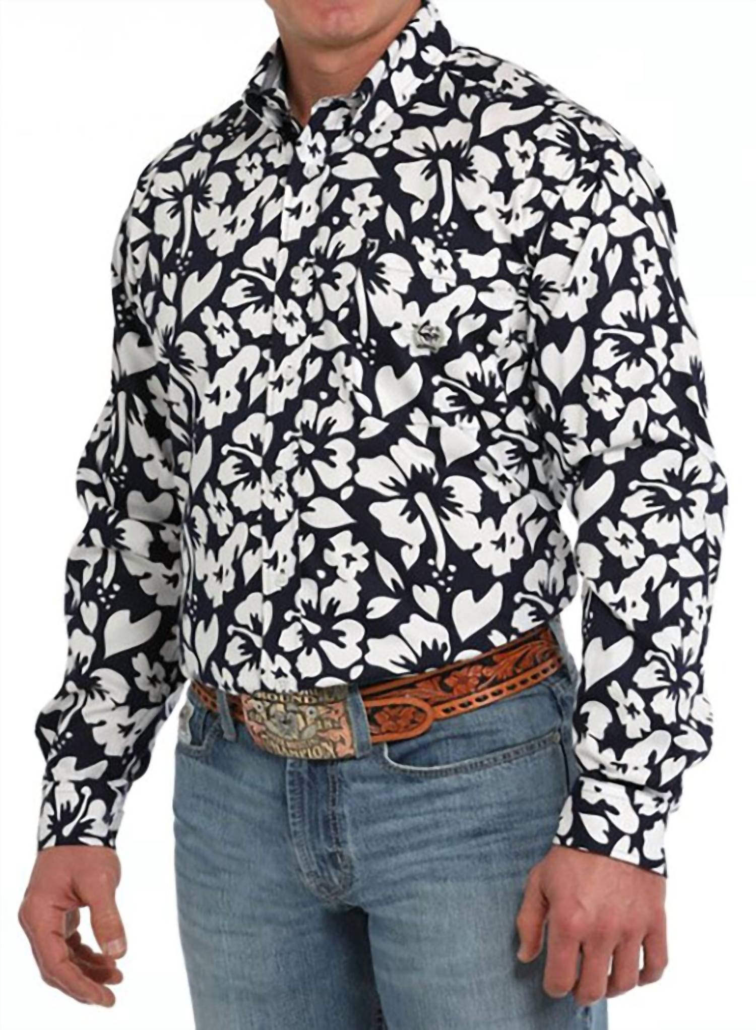 CINCH Men's Hibiscus Shirt in navy white - men's shirt - detail view